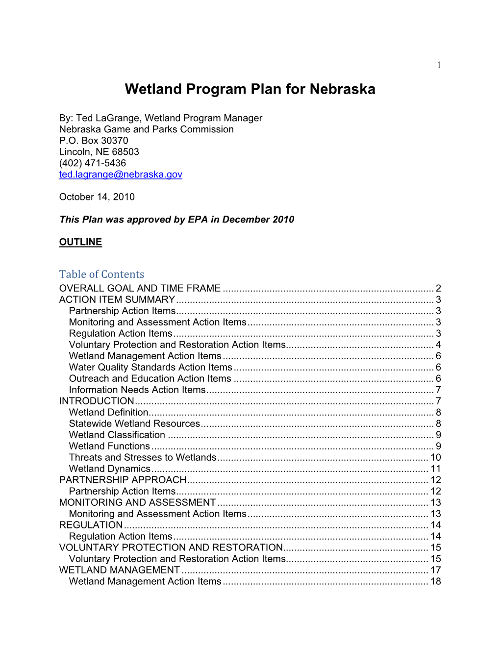 Wetland Program Plan for Nebraska