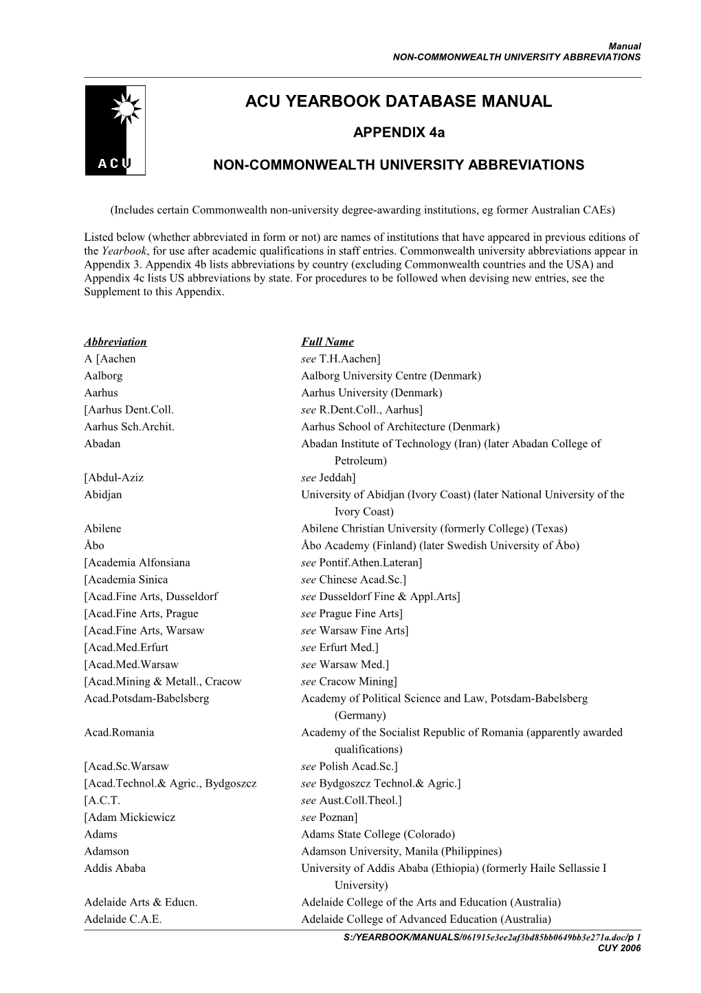 Non-Commonwealth University Abbreviations