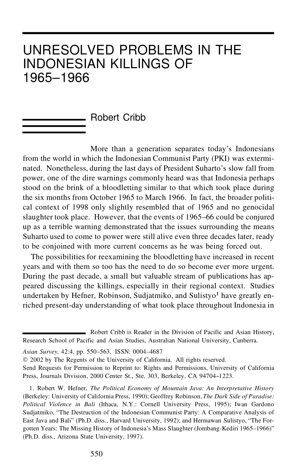 Unresolved Problems in the Indonesian Killings of 1965-1966