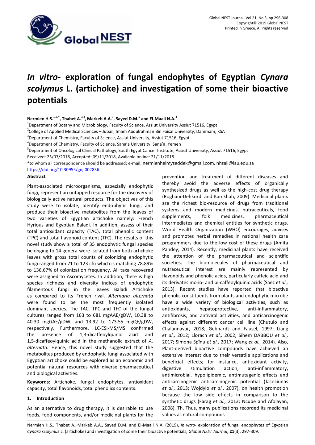 In Vitro- Exploration of Fungal Endophytes of Egyptian Cynara Scolymus L