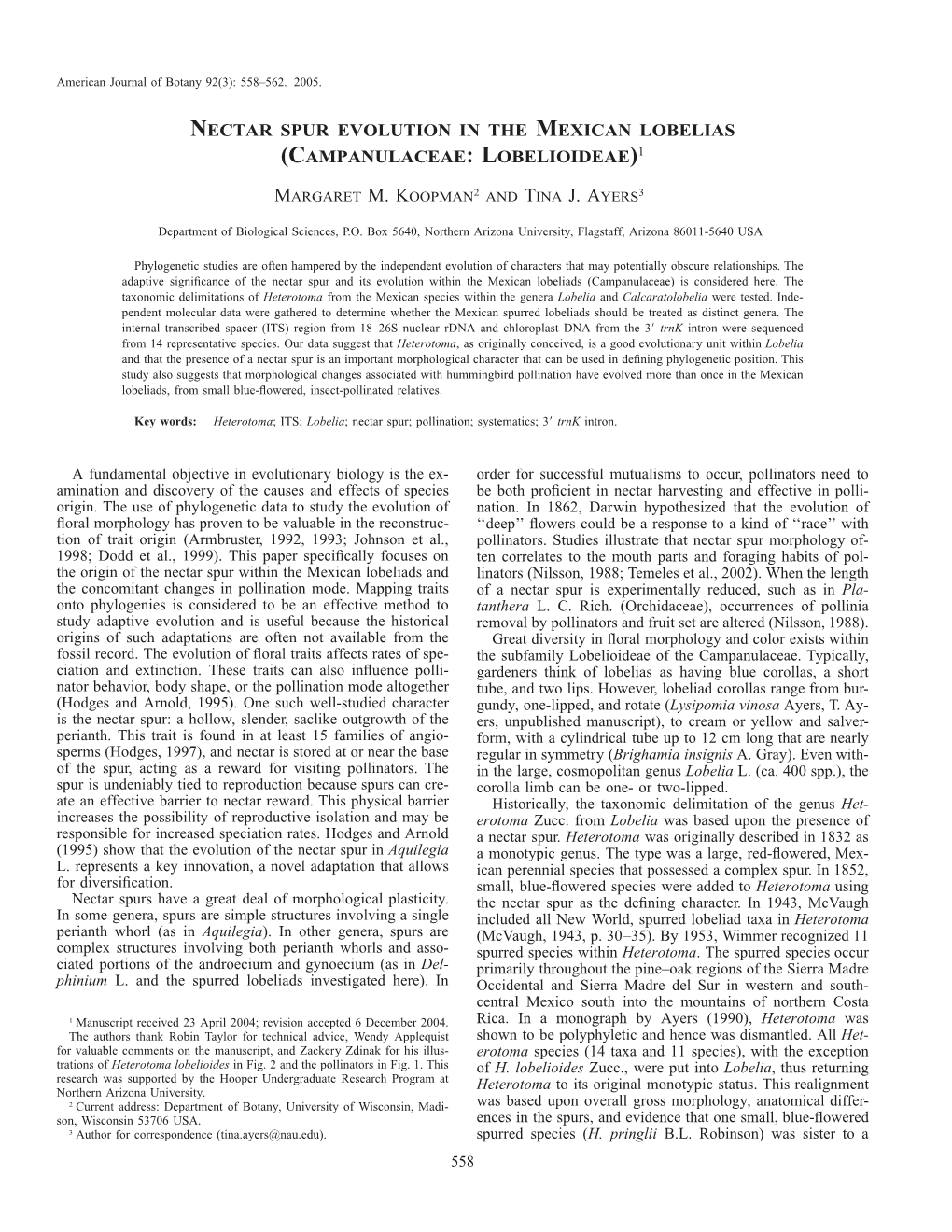 Nectar Spur Evolution in the Mexican Lobelias (Campanulaceae:Lobelioideae)1