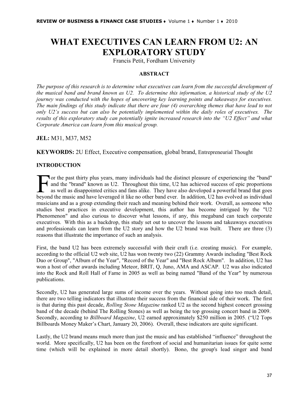 WHAT EXECUTIVES CAN LEARN from U2: an EXPLORATORY STUDY Francis Petit, Fordham University