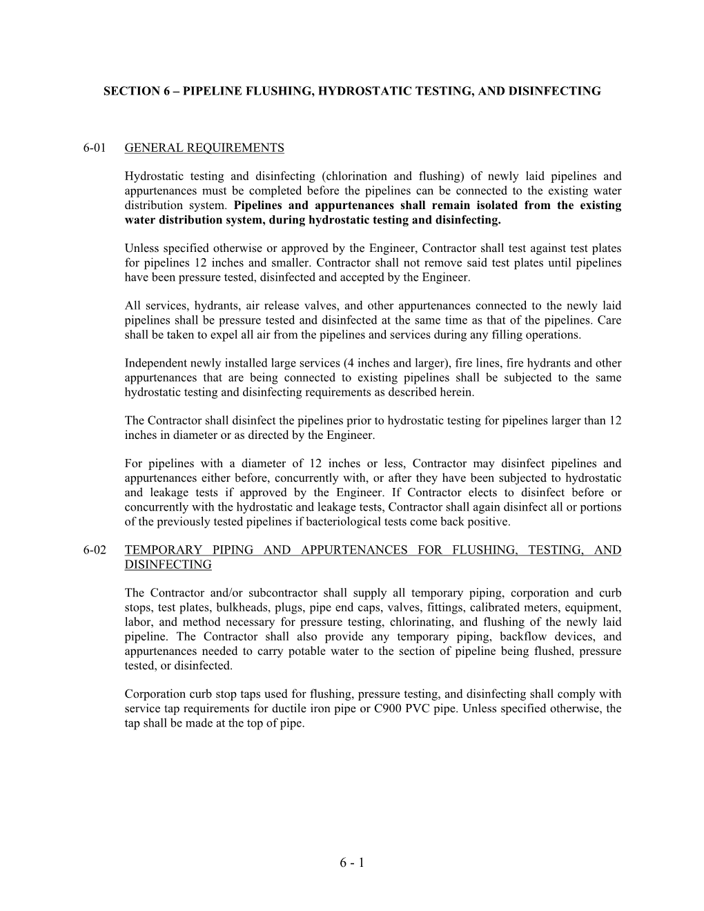 Section 6 – Pipeline Flushing, Hydrostatic Testing, and Disinfecting