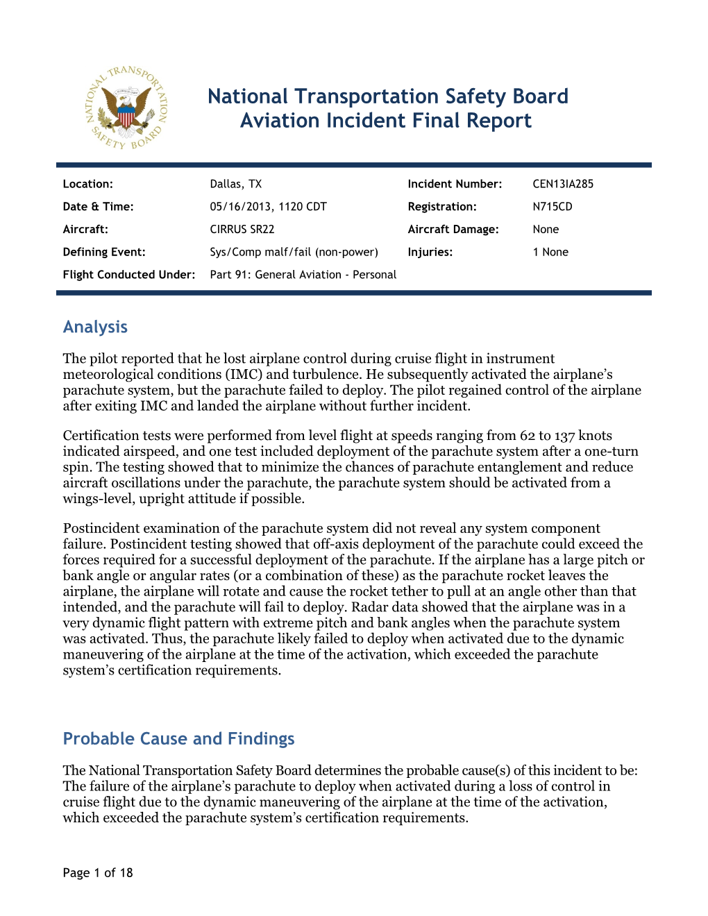 NTSB Aviation Incident Final Report