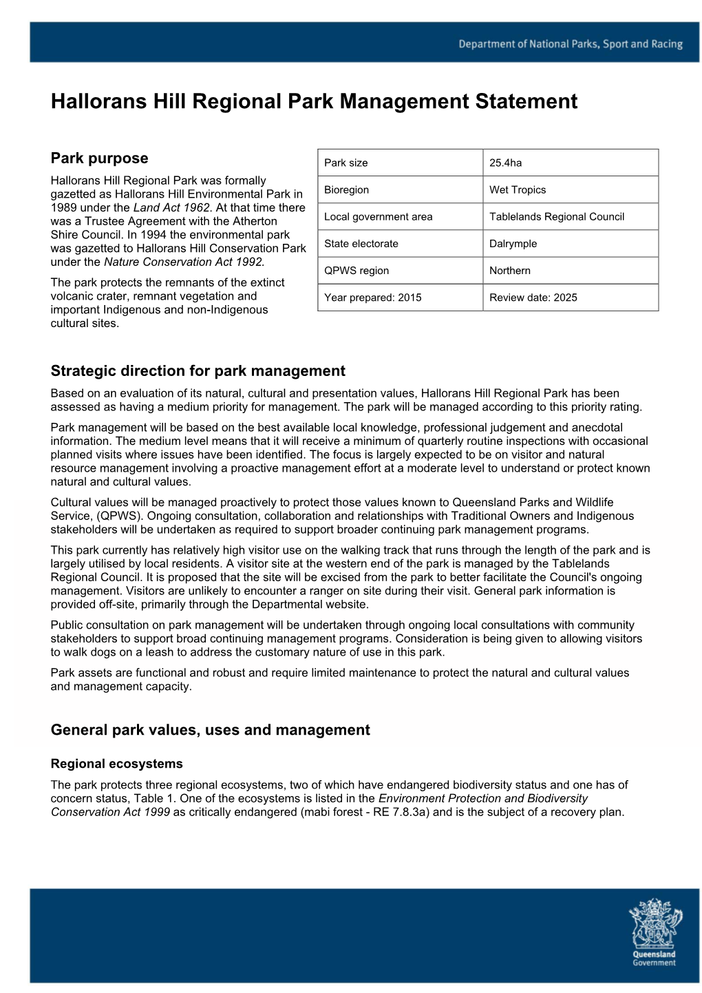 Hallorans Hill Regional Park Management Statement 2015