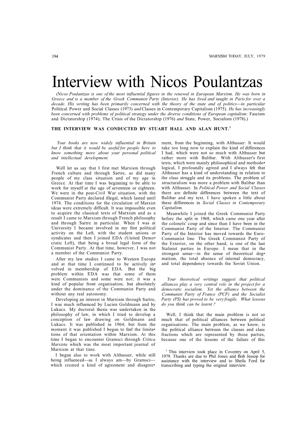 Interview with Nicos Poulantzas (Nicos Poulantzas Is One of the Most Influential Figures in the Renewal in European Marxism