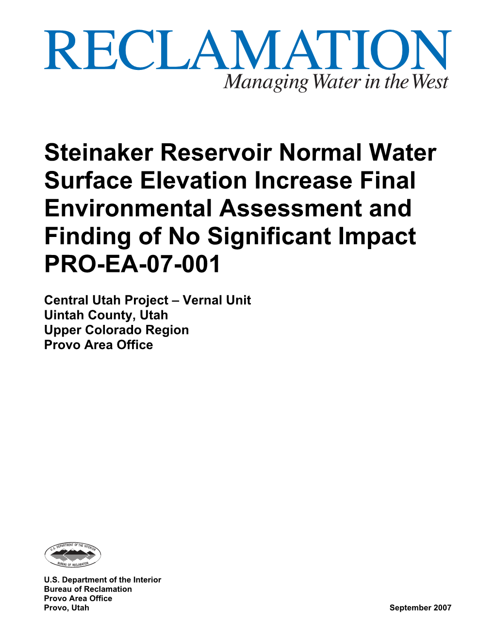 Steinaker Reservoir Resource Management Plan Final Environmental Assessment