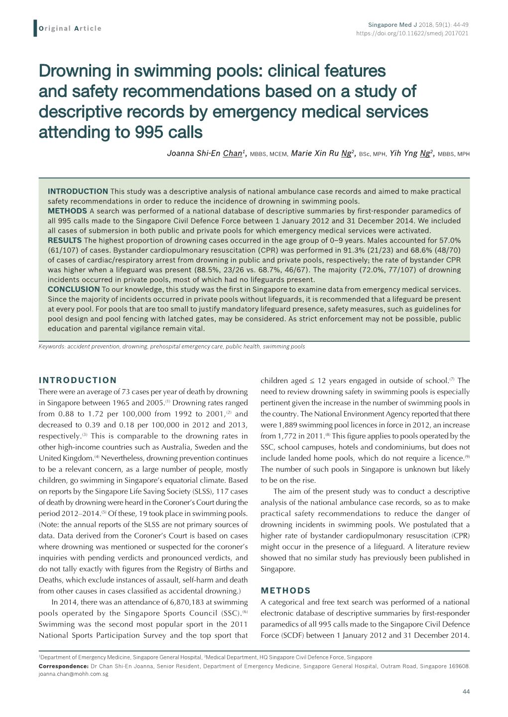 Drowning in Swimming Pools: Clinical Features and Safety Recommendations Based on a Study of Descriptive Records by Emergency Medical Services Attending to 995 Calls