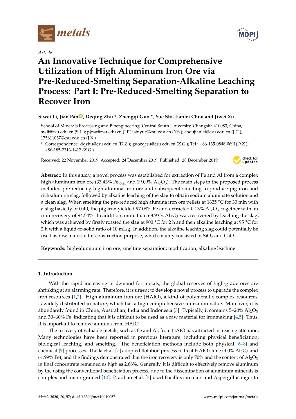 An Innovative Technique for Comprehensive Utilization of High Aluminum Iron Ore Via Pre-Reduced-Smelting Separation-Alkaline