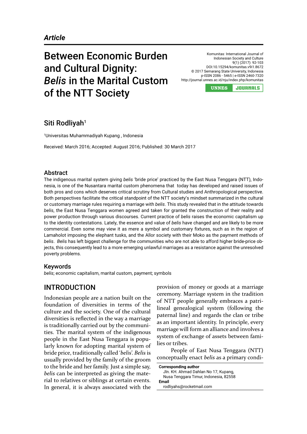 Between Economic Burden and Cultural Dignity: Belis in the Marital Custom of the NTT Society