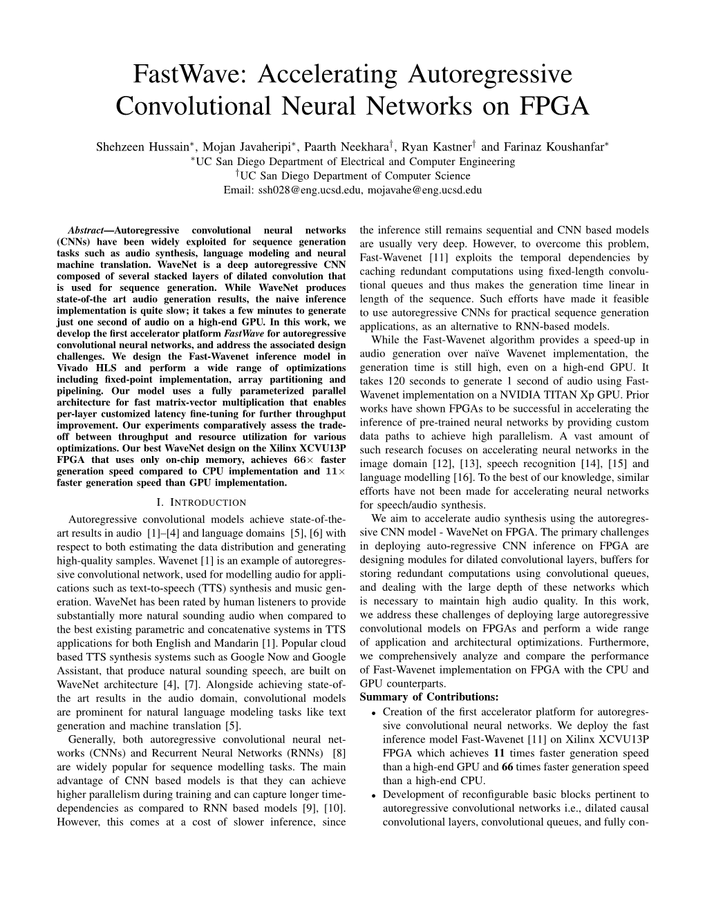 Fastwave: Accelerating Autoregressive Convolutional Neural Networks on FPGA