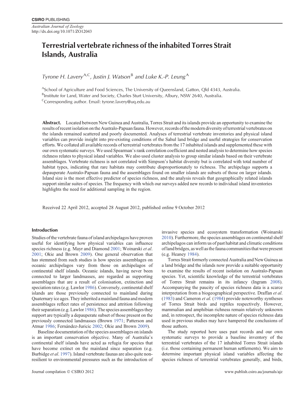 Terrestrial Vertebrate Richness of the Inhabited Torres Strait Islands, Australia