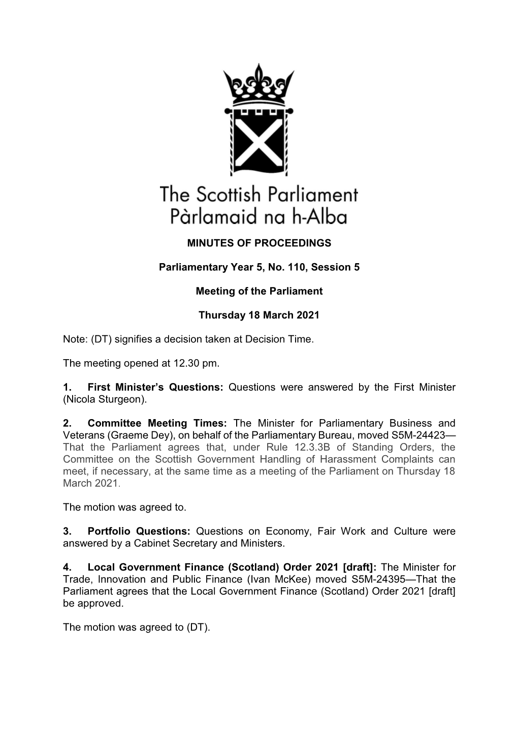 MINUTES of PROCEEDINGS Parliamentary Year 5, No. 110