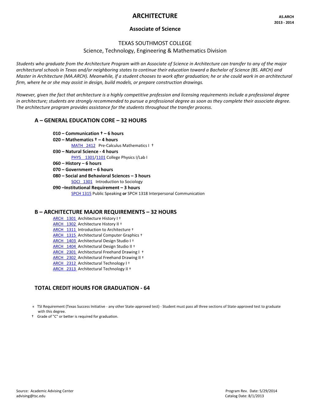 ARCHITECTURE AS.ARCH 2013 - 2014 Associate of Science