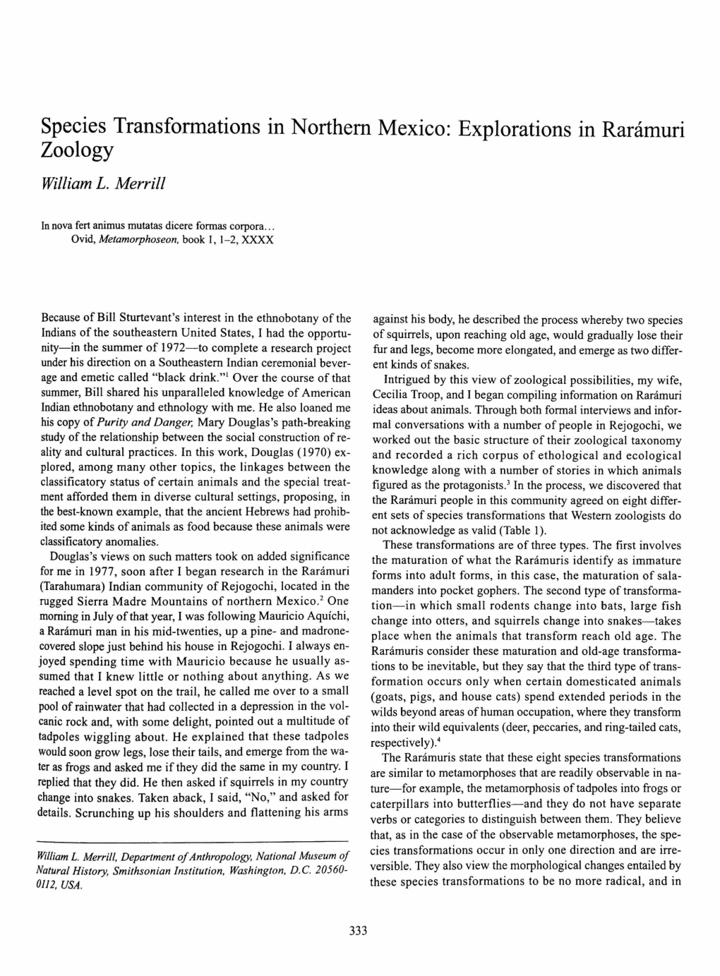 Species Transformations in Northern Mexico: Explorations in Raramuri Zoology William L