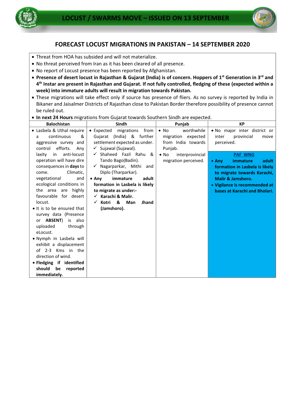 Locust / Swarms Move – Issued on 13 September