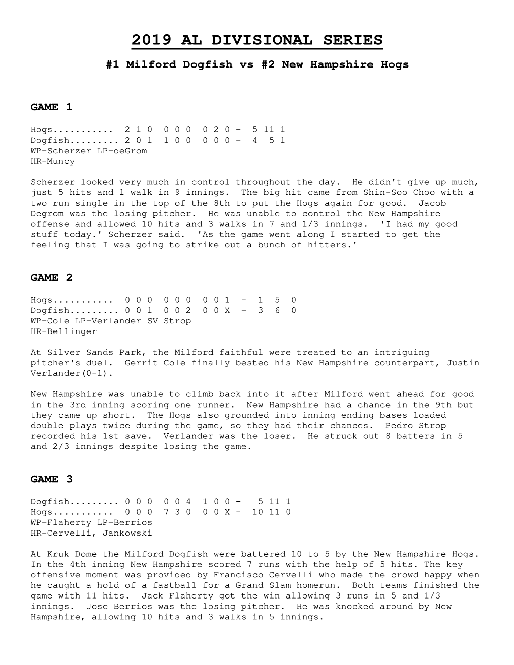 2019 AL DIVISIONAL SERIES #1 Milford Dogfish Vs #2 New Hampshire Hogs