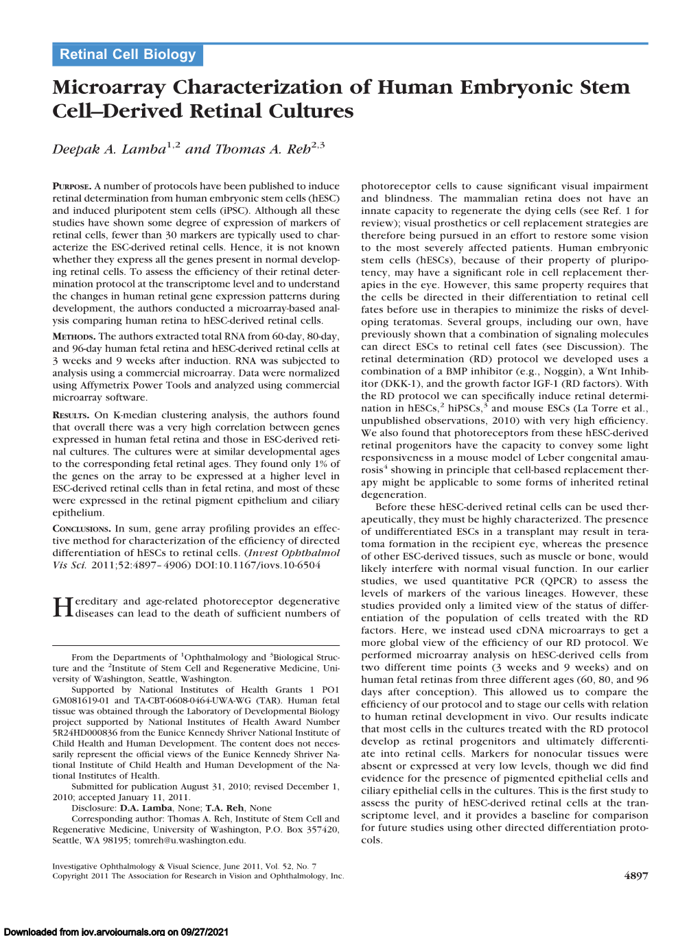 Microarray Characterization of Human Embryonic Stem Cell–Derived Retinal Cultures