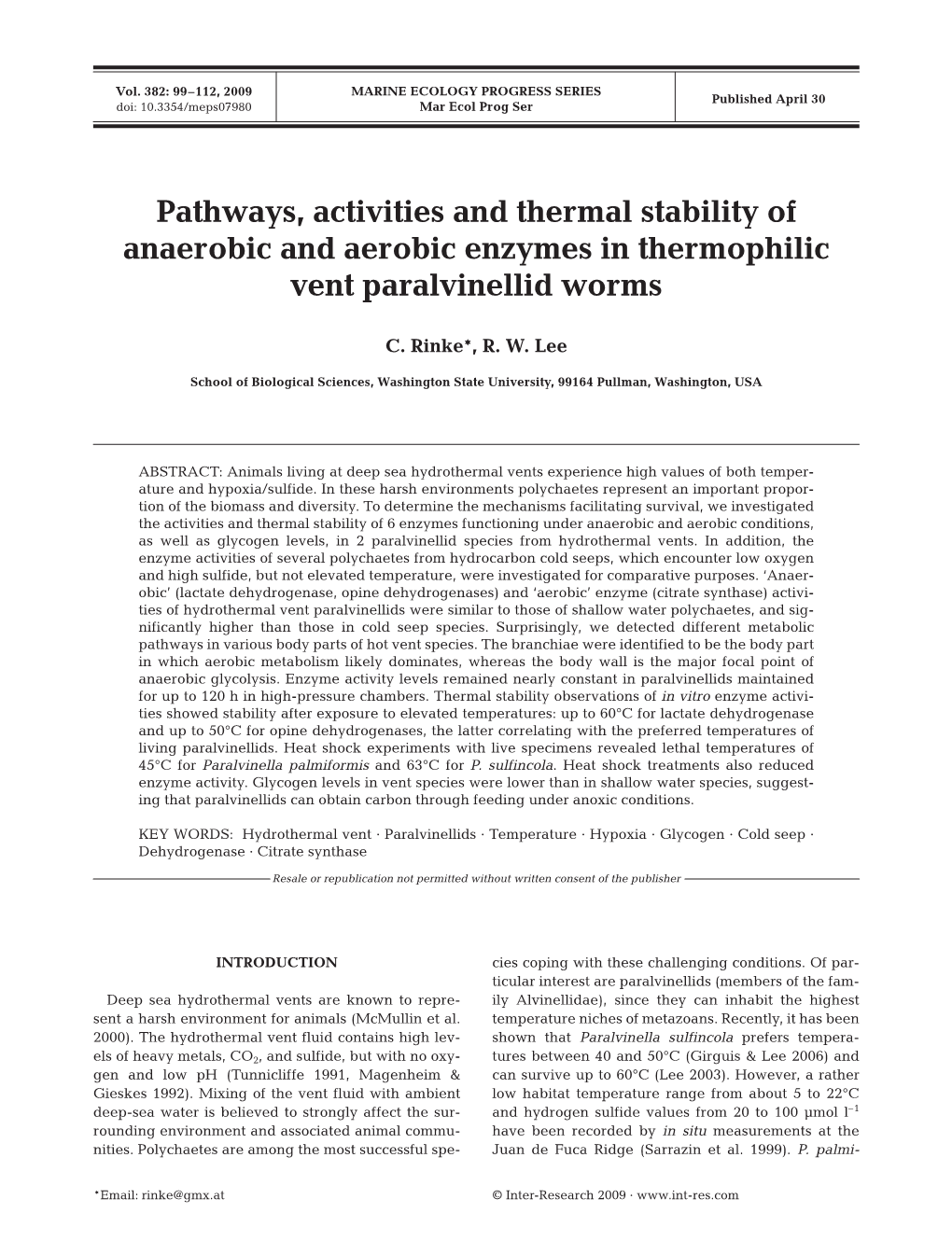 Pathways, Activities and Thermal Stability of Anaerobic and Aerobic Enzymes in Thermophilic Vent Paralvinellid Worms