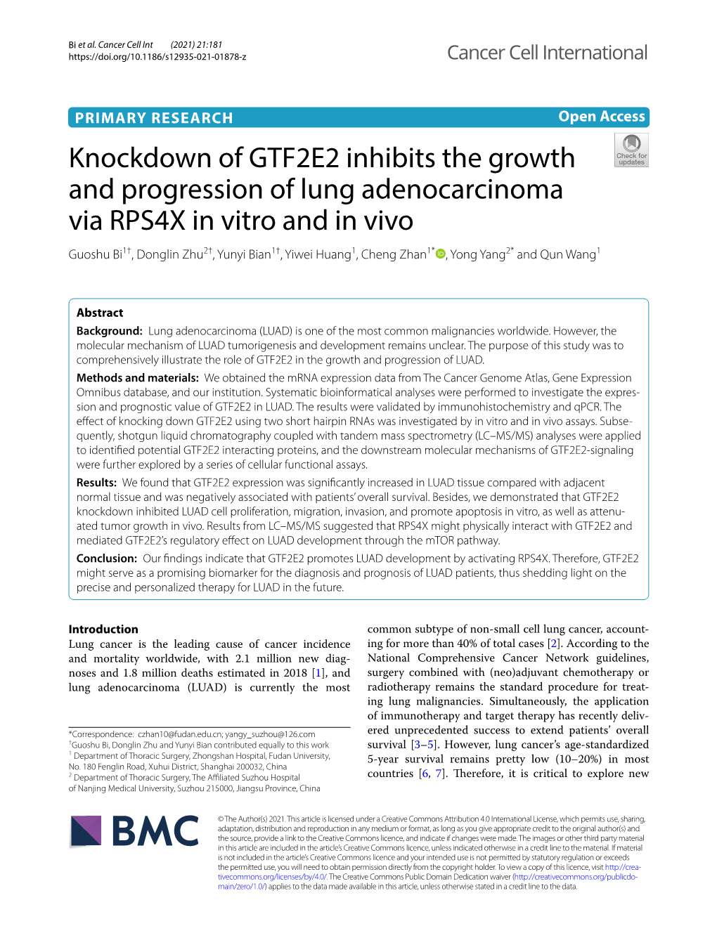 Knockdown of GTF2E2 Inhibits the Growth and Progression of Lung