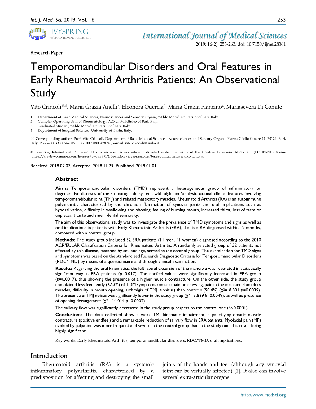 Temporomandibular Disorders and Oral Features in Early Rheumatoid
