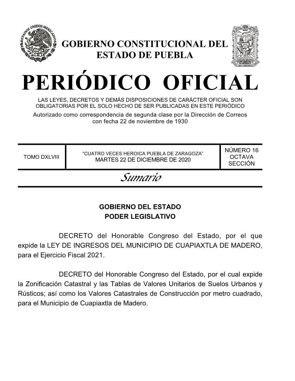 LEY DE INGRESOS DEL MUNICIPIO DE CUAPIAXTLA DE MADERO , Para El Ejercicio Fiscal 2021