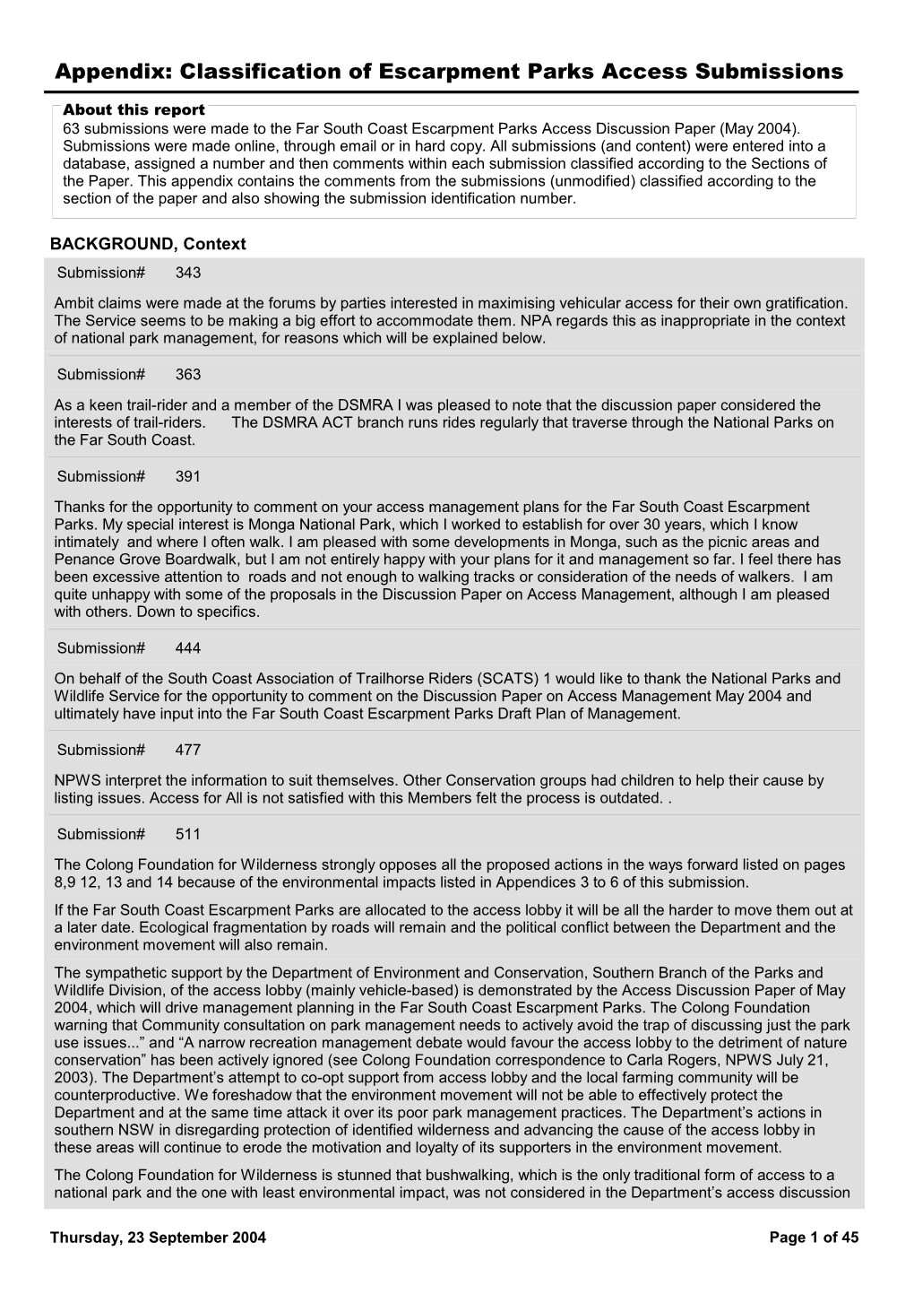 Appendix: Classification of Escarpment Parks Access Submissions