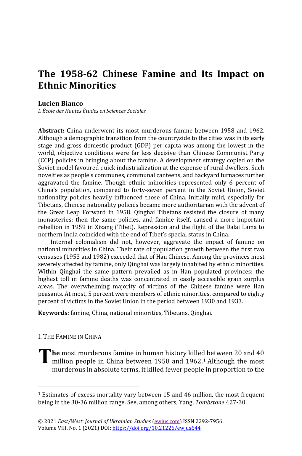 The 1958-62 Chinese Famine and Its Impact on Ethnic Minorities, EWJUS, Vol. 8, No. 1, 2021