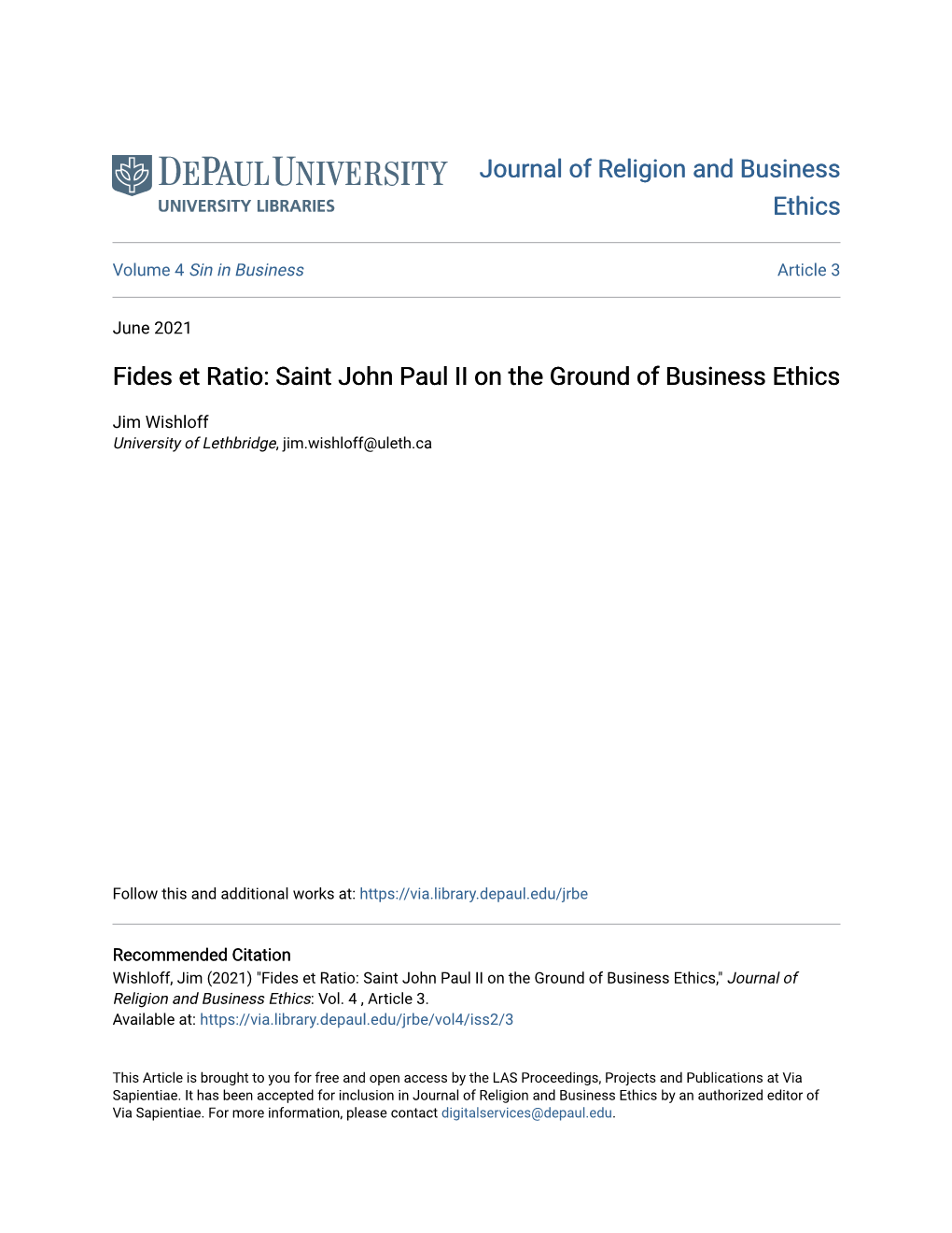 Fides Et Ratio: Saint John Paul II on the Ground of Business Ethics