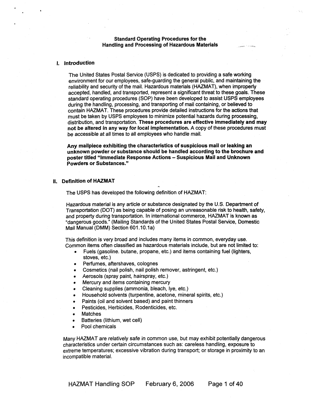 HAZMAT Handling SOP February 6, 2006 Page 1 of 40 III