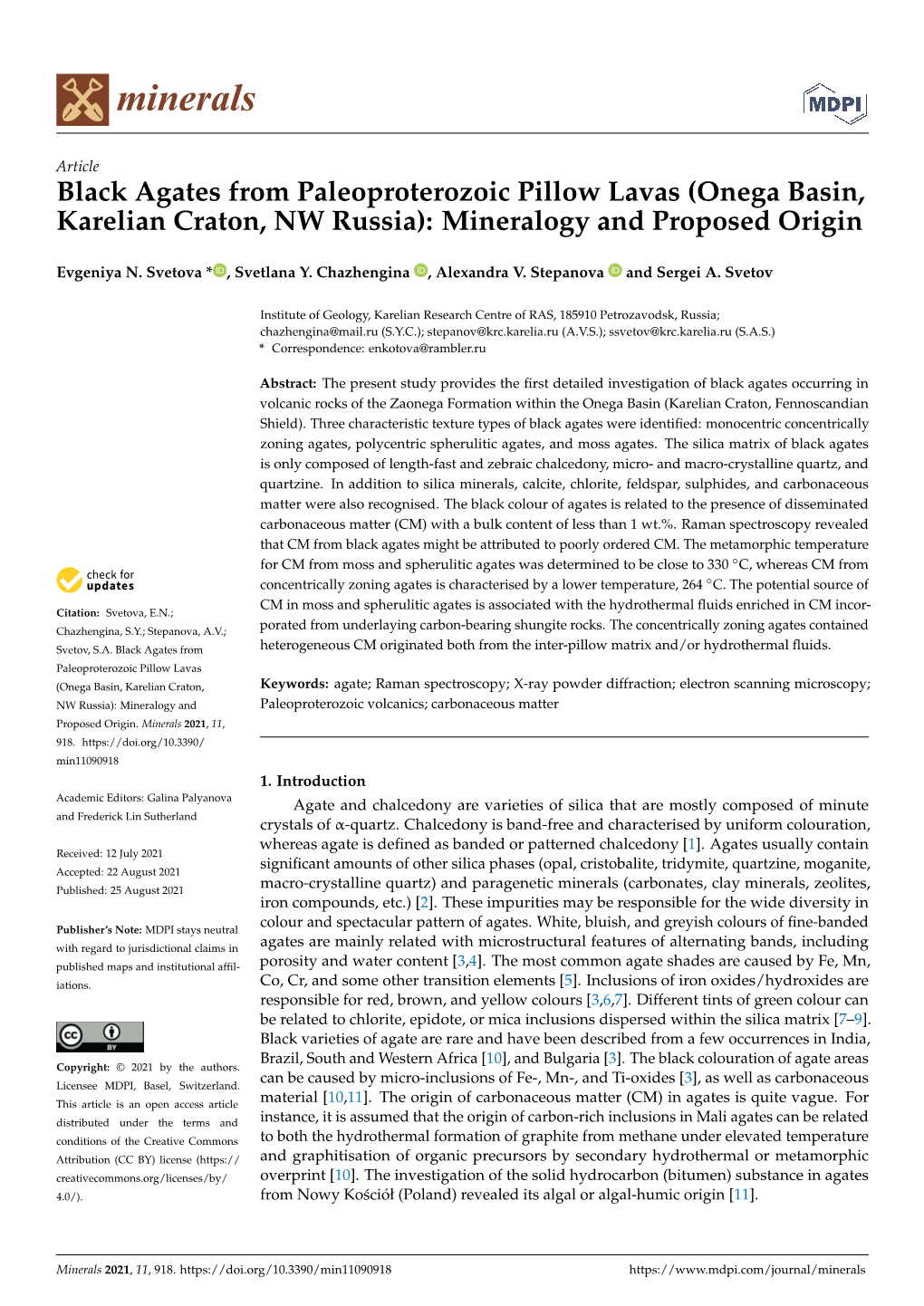 Black Agates from Paleoproterozoic Pillow Lavas (Onega Basin, Karelian Craton, NW Russia): Mineralogy and Proposed Origin