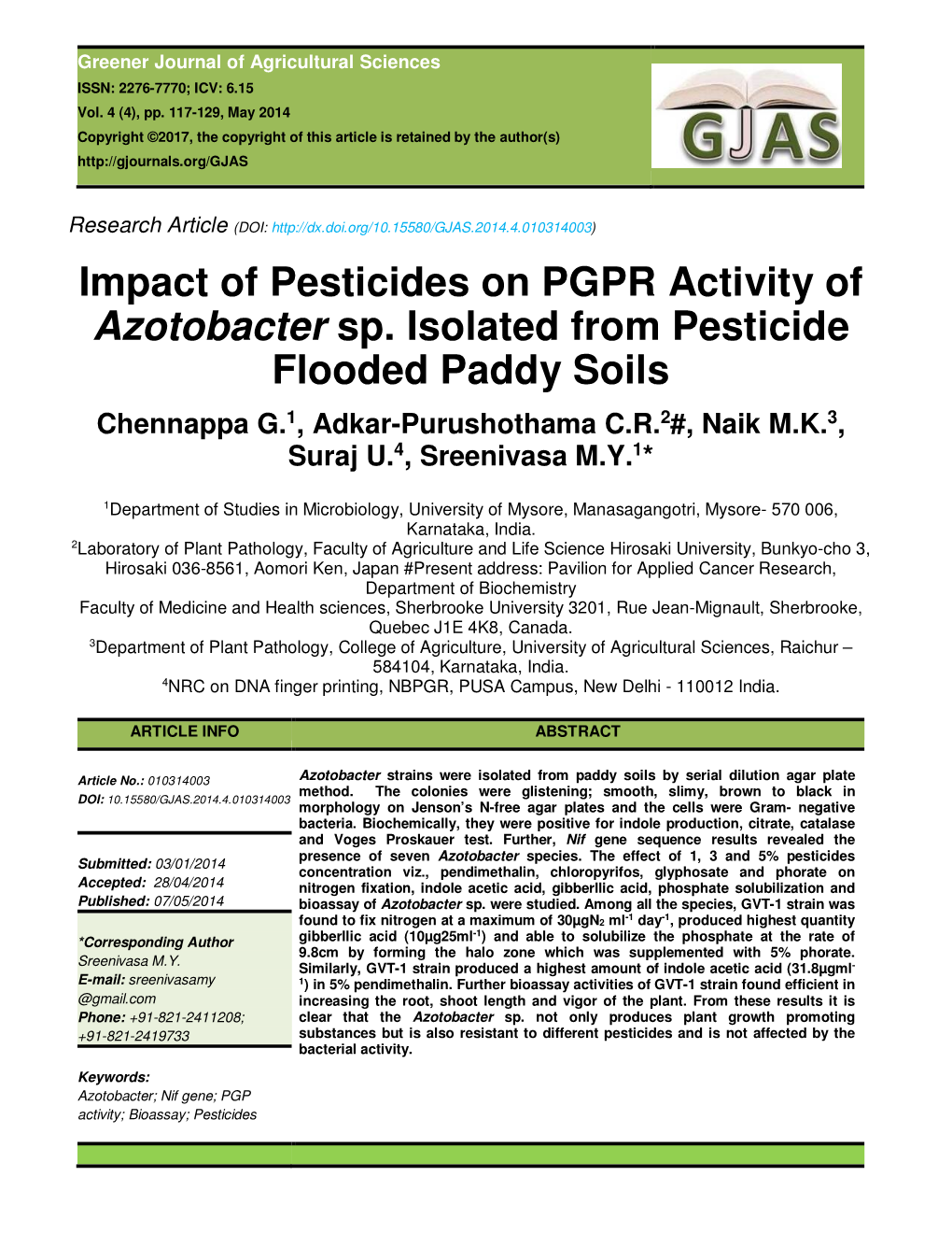 Impact of Pesticides on PGPR Activity of Azotobacter Sp. Isolated from Pesticide Flooded Paddy Soils