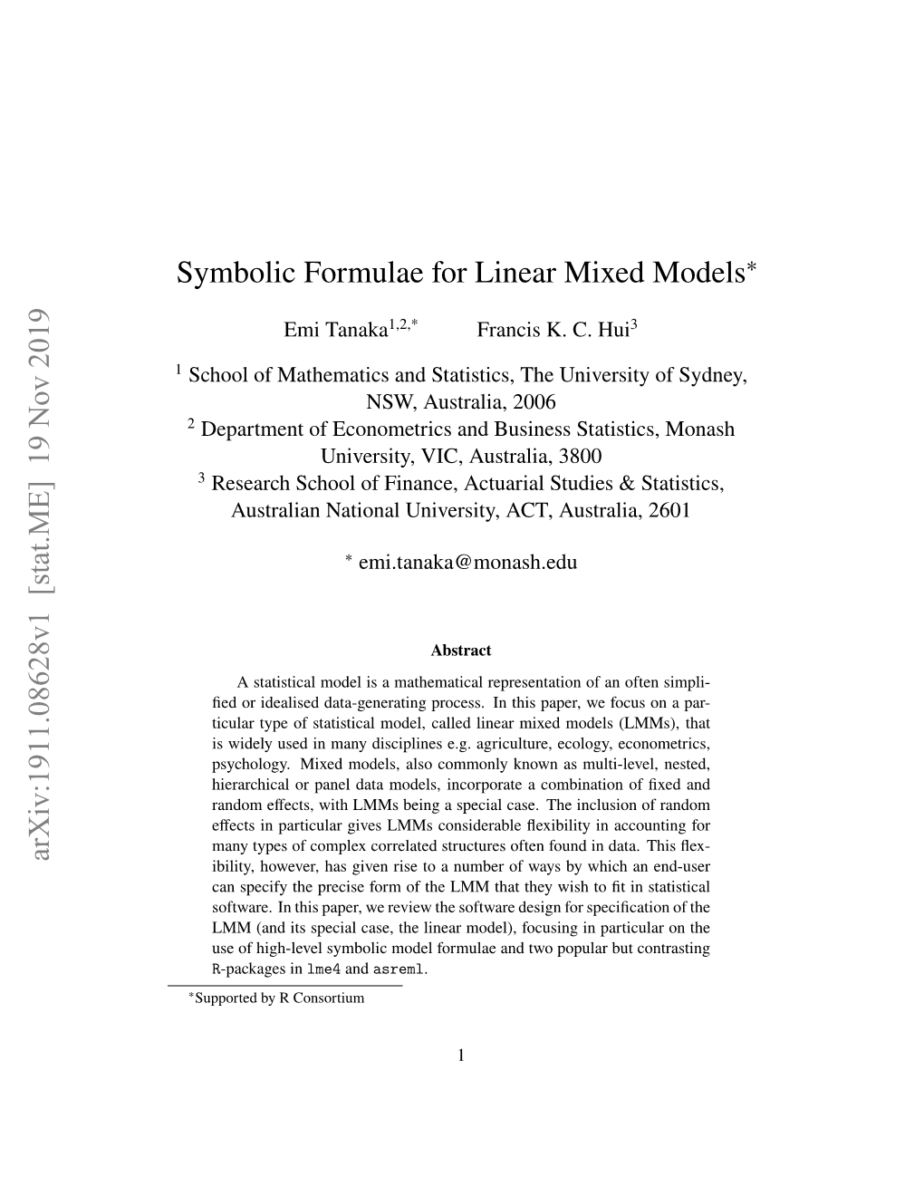 Symbolic Formulae for Linear Mixed Models Arxiv:1911.08628V1 [Stat