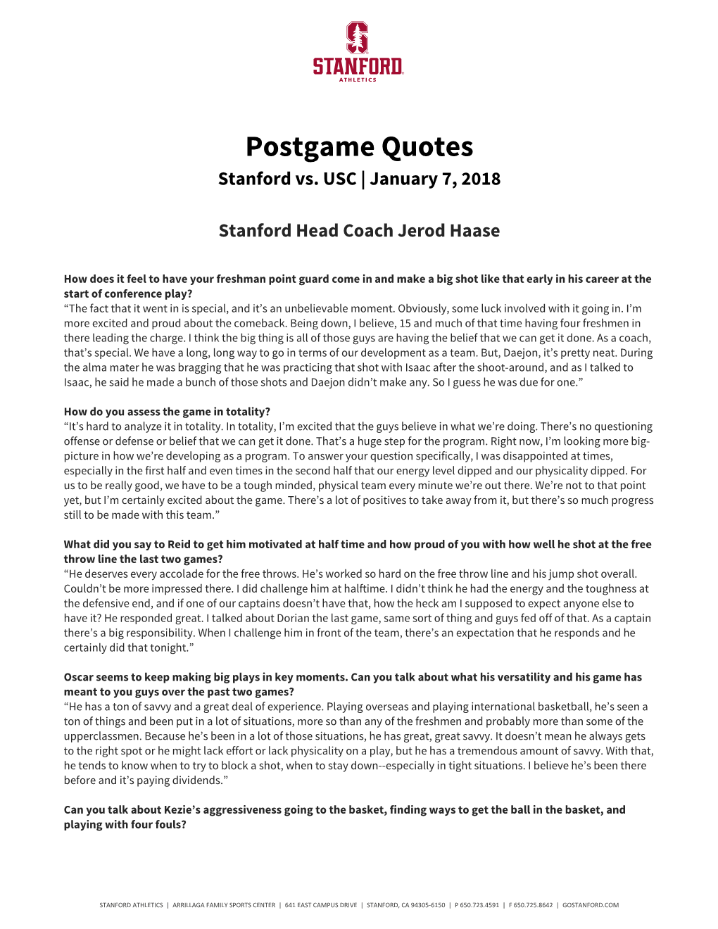 Postgame Quotes Stanford Vs