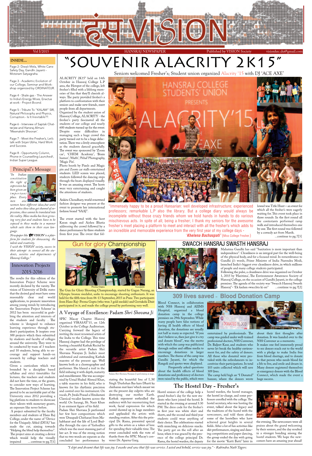 “SOUVENIR ALACRITY 2K15” Page 2- Diwali Mela, White Cane Safety Day, Gandhi Jayanti - Moteram Satyagraha
