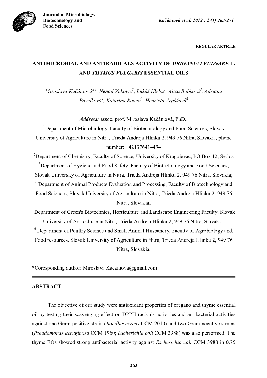 Antimicrobial and Antiradicals Activity of Origanum Vulgare L