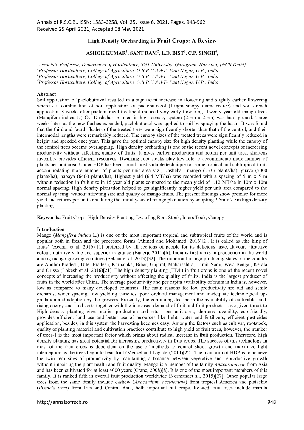 Annals of R.S.C.B., ISSN: 1583-6258, Vol. 25, Issue 6, 2021, Pages. 948-962 Received 25 April 2021; Accepted 08 May 2021