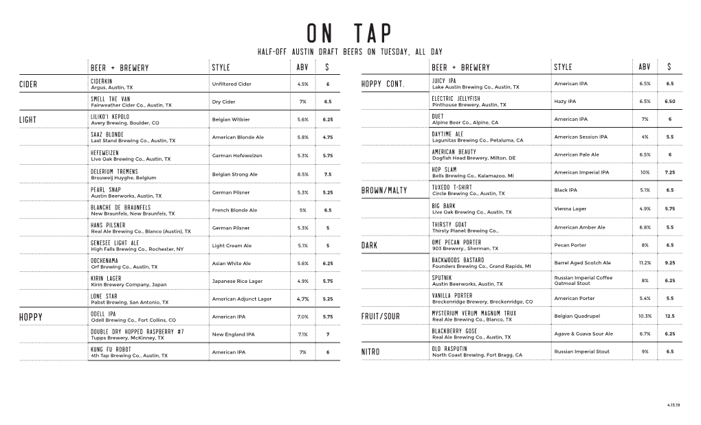 On Tap Half-Off Austin Draft Beers on Tuesday, All Day Beer + Brewery Style ABV $ Beer + Brewery Style ABV $