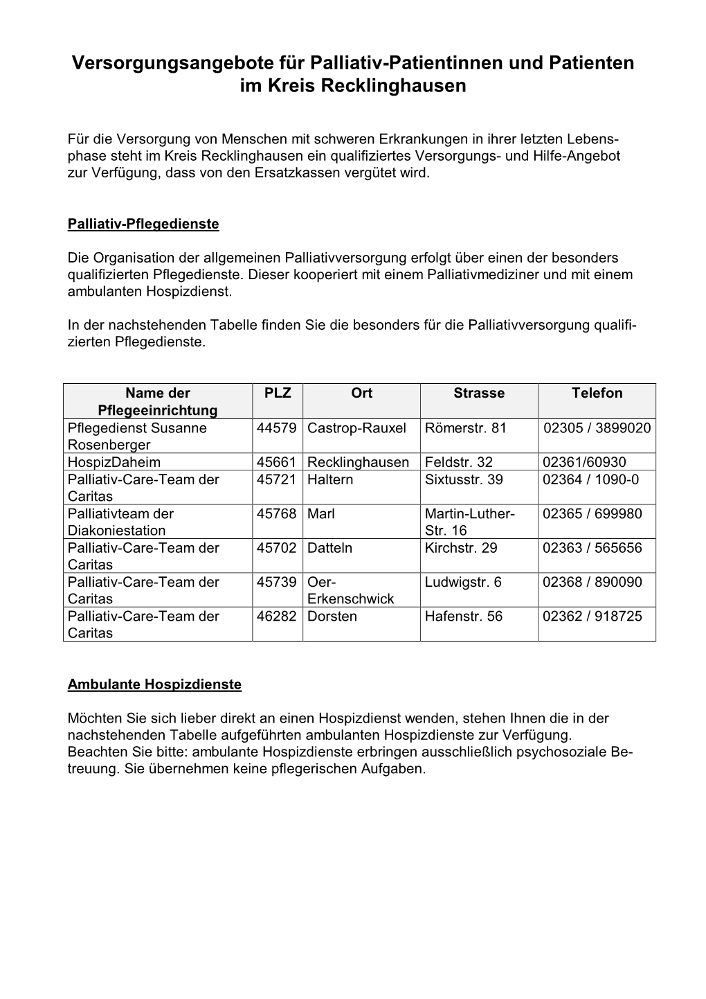 Versorgungsangebote Für Palliativ-Patientinnen Und Patienten Im Kreis Recklinghausen