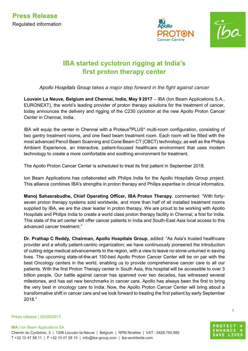 Press Release IBA Started Cyclotron Rigging at India's First Proton Therapy Center