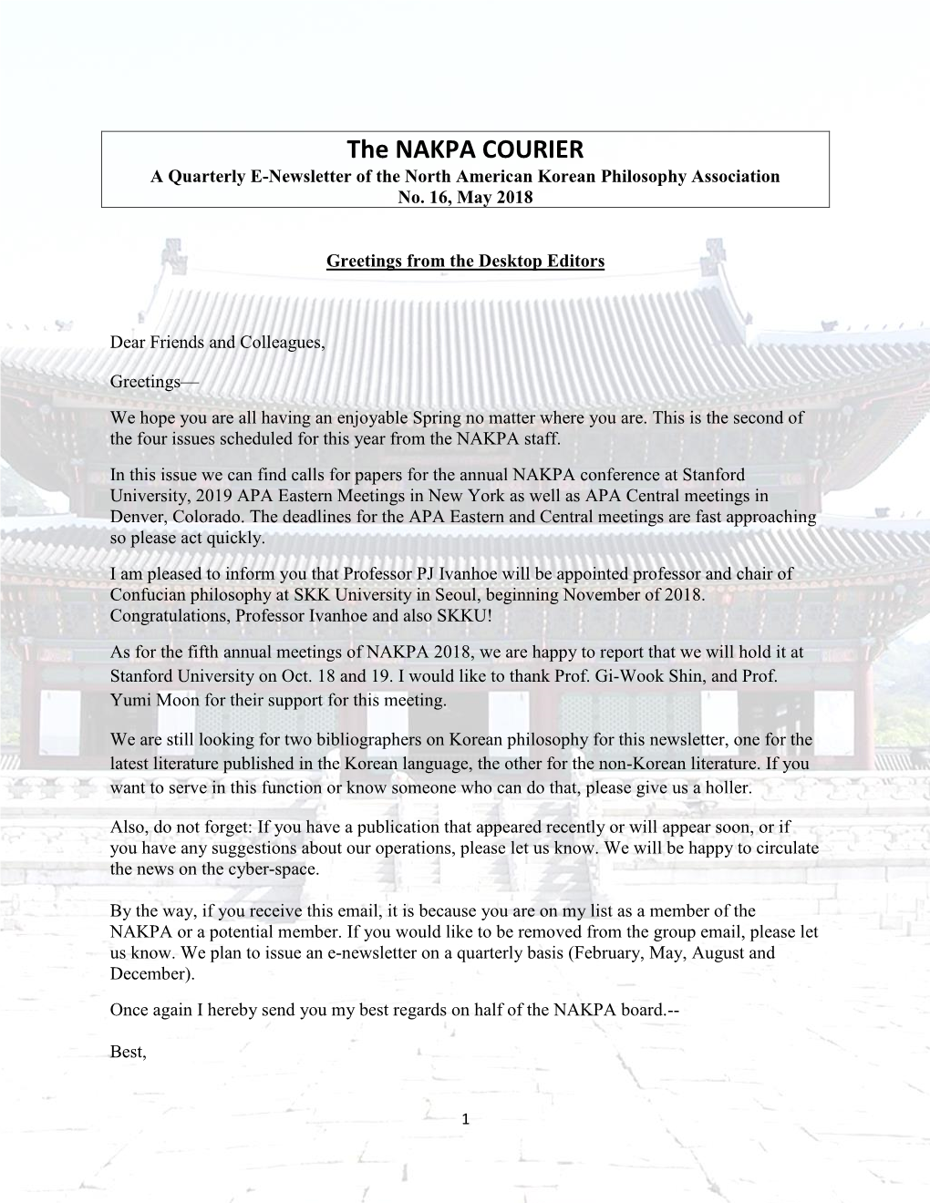 The NAKPA COURIER a Quarterly E-Newsletter of the North American Korean Philosophy Association No