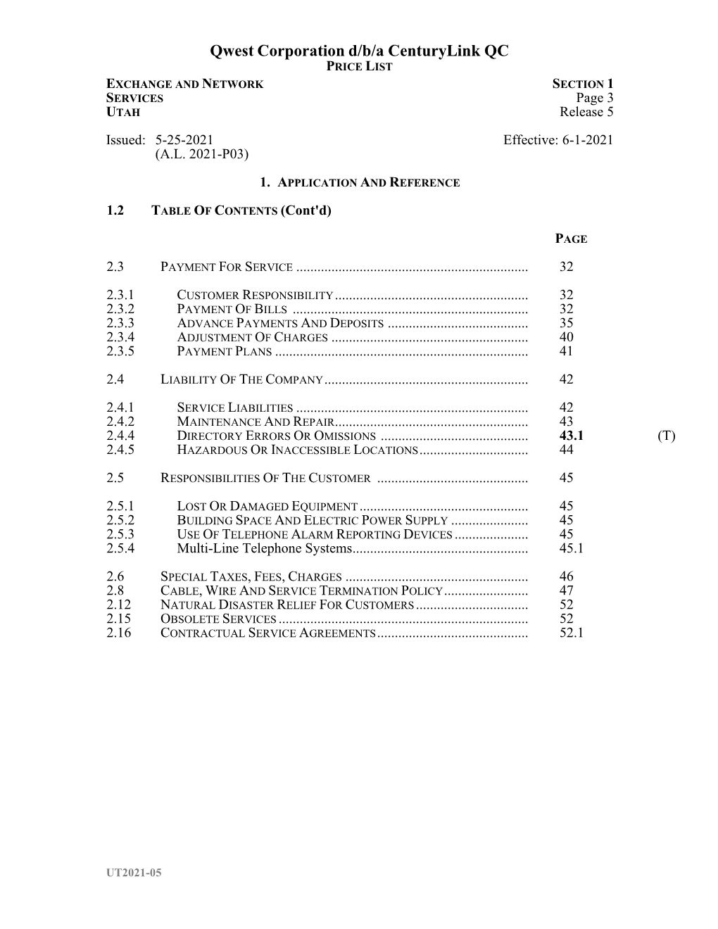 PRICE LIST EXCHANGE and NETWORK SECTION 1 SERVICES Page 3 UTAH Release 5