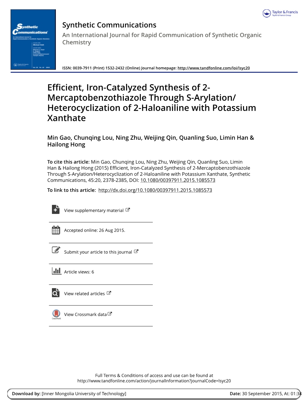 Efficient, Iron-Catalyzed Synthesis of 2-Mercaptobenzothiazole Through S