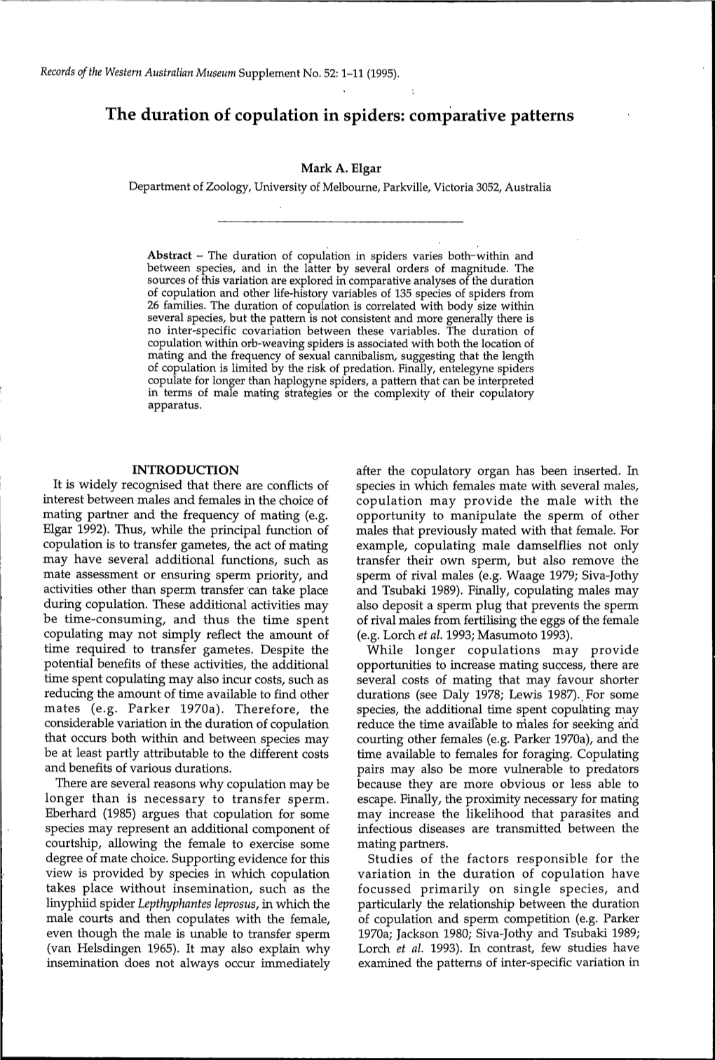 The Duration of Copulation in Spiders: Comparative Patterns