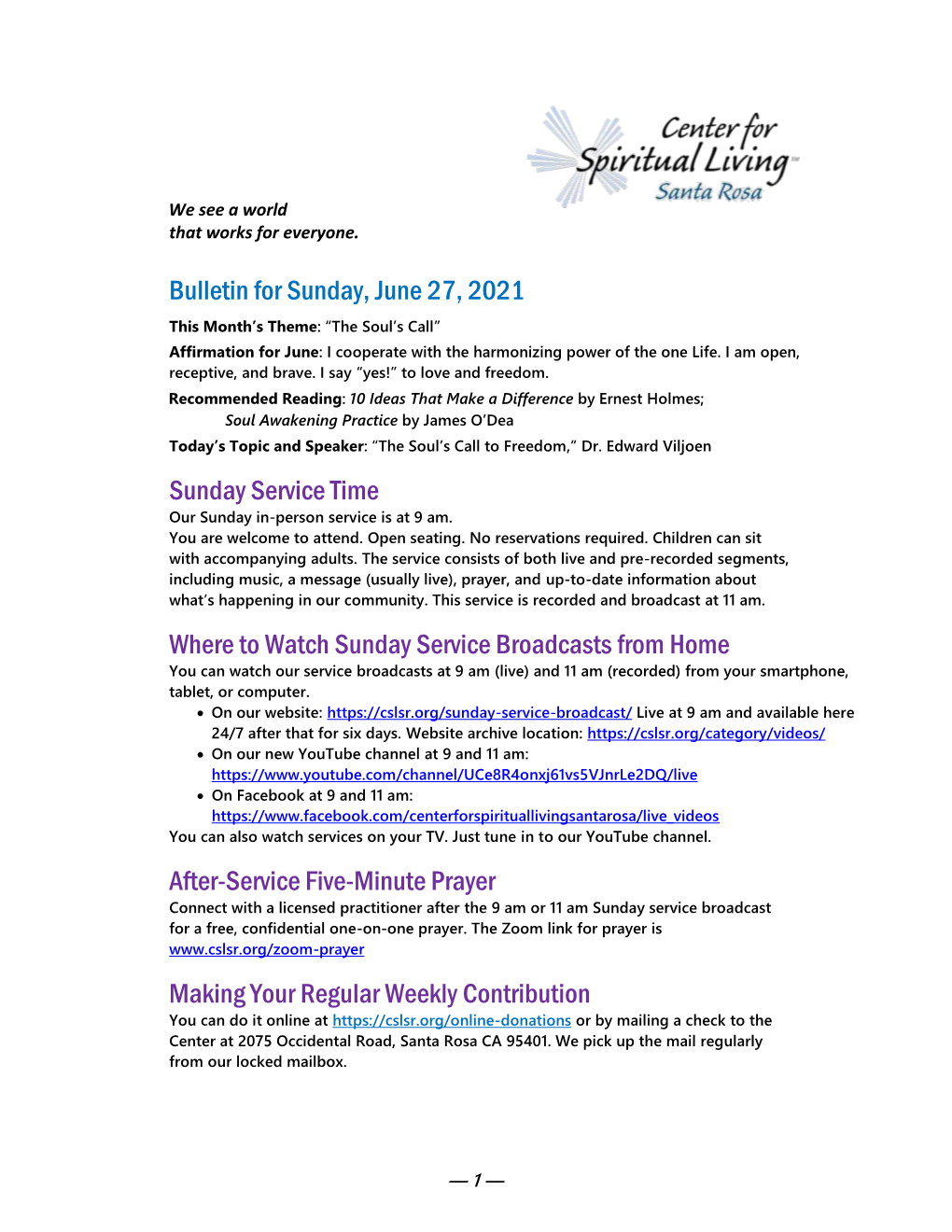 Sunday Bulletin 6/27/2021