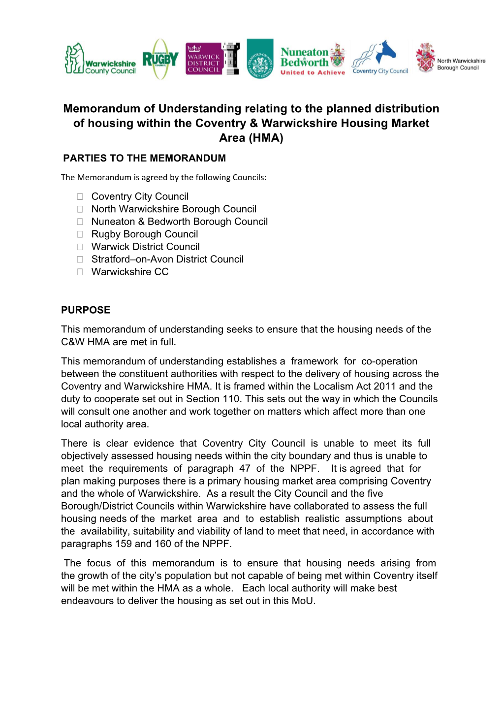 Memorandum of Understanding Relating to the Planned Distribution of Housing Within the Coventry & Warwickshire Housing Market Area (HMA)