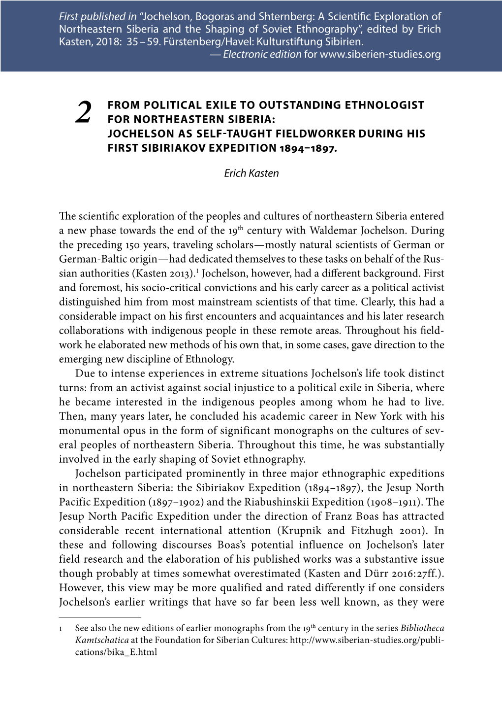 From Political Exile to Outstanding Ethnologist for Northeastern Siberia: 2 Jochelson As Self-Taught Fieldworker During HIS First Sibiriakov Expedition 1894–1897