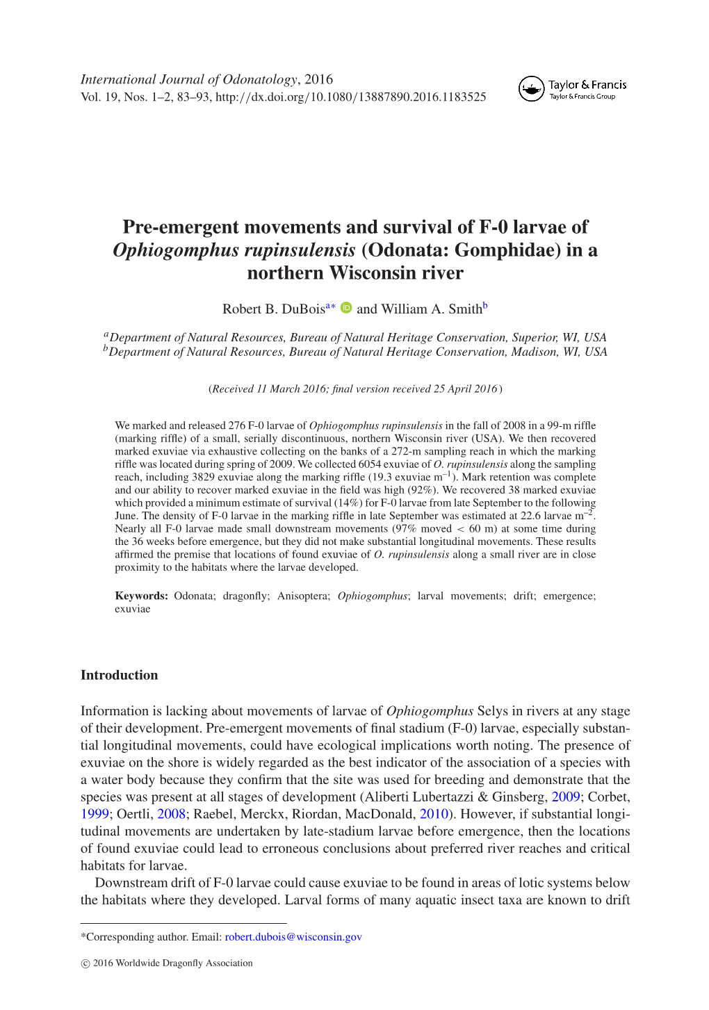 Odonata: Gomphidae) in a Northern Wisconsin River