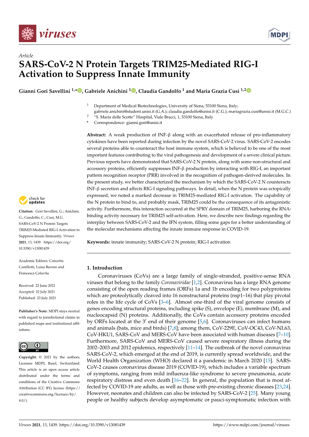 SARS-Cov-2 N Protein Targets TRIM25-Mediated RIG-I Activation to Suppress Innate Immunity