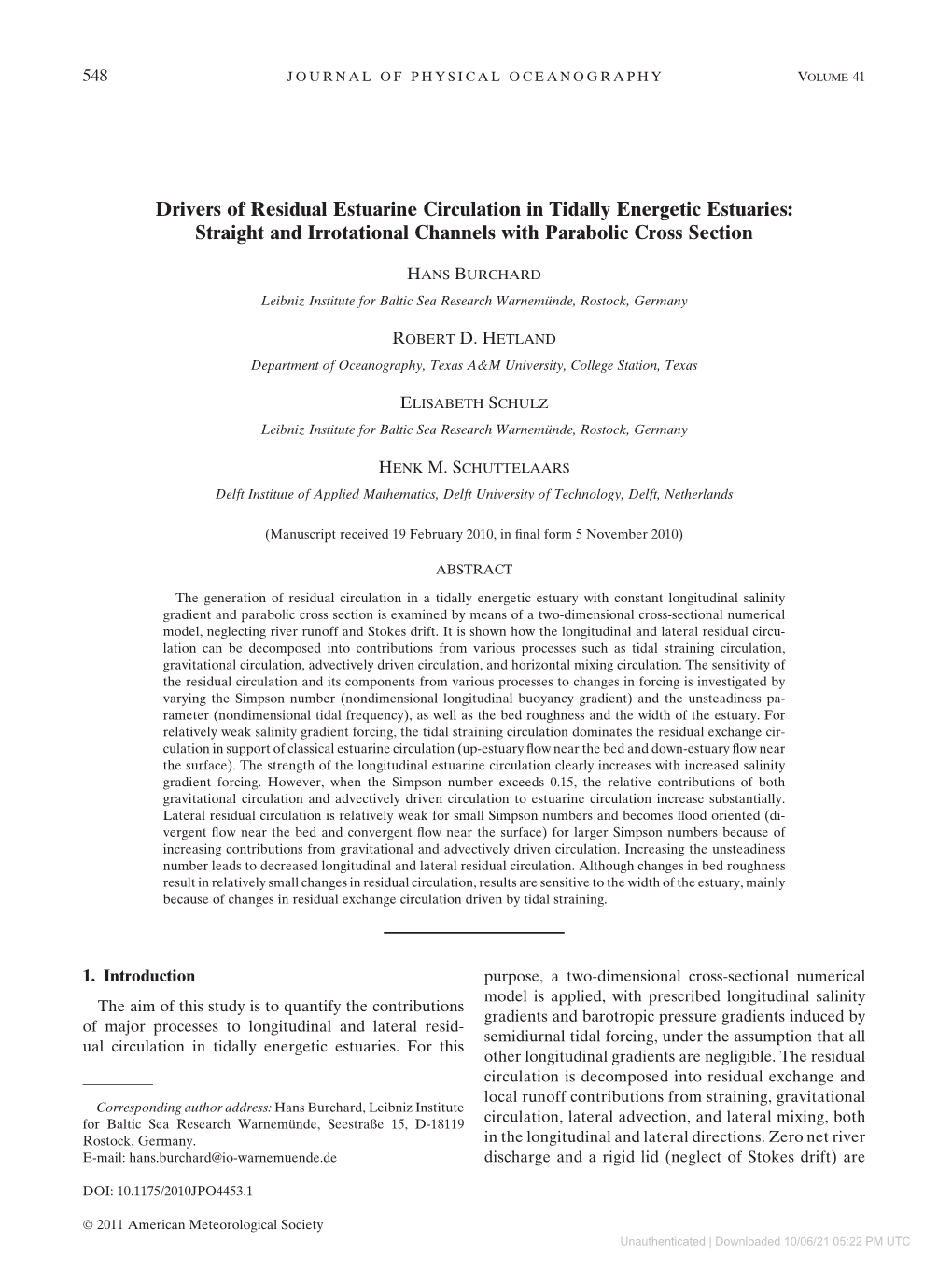 Drivers of Residual Estuarine Circulation in Tidally Energetic Estuaries: Straight and Irrotational Channels with Parabolic Cross Section